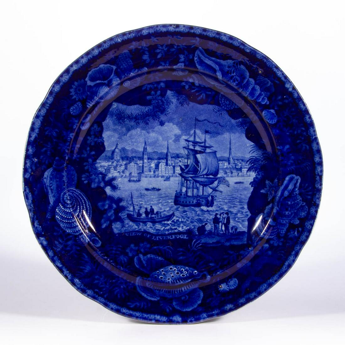STAFFORDSHIRE ENGLISH VIEW / NAUTICAL MOTIF: STAFFORDSHIRE ENGLISH VIEW / NAUTICAL MOTIF TRANSFER-PRINTED CERAMIC PLATE, featuring "VIEW OF LIVERPOOL", as printed below image, depicting ships on the river Mersey, one flying an American flag, wit