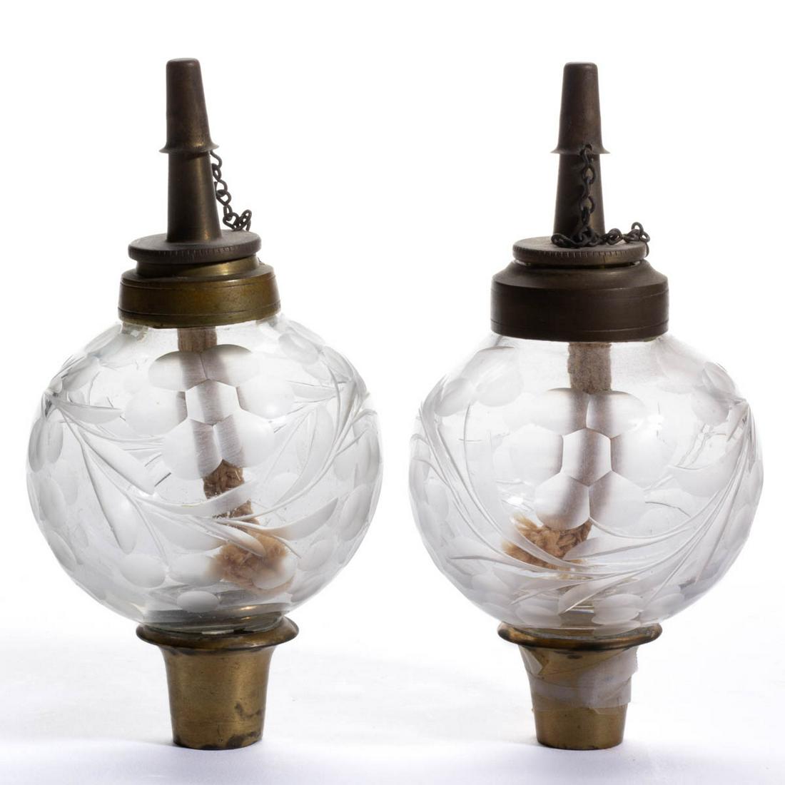 FREE-BLOWN AND ENGRAVED GLASS PAIR OF PEG LAMPS (1 of 1)