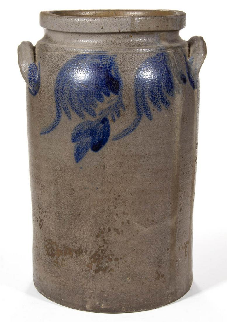STAMPED "BELL" FAMILY, STRASBURG / WINCHESTER,: STAMPED "BELL" FAMILY, STRASBURG / WINCHESTER, SHENANDOAH VALLEY OF VIRGINIA DECORATED STONEWARE JAR, salt-glazed, "3" gallon capacity mark, cylindrical form with slight shoulder, collared, squared ri