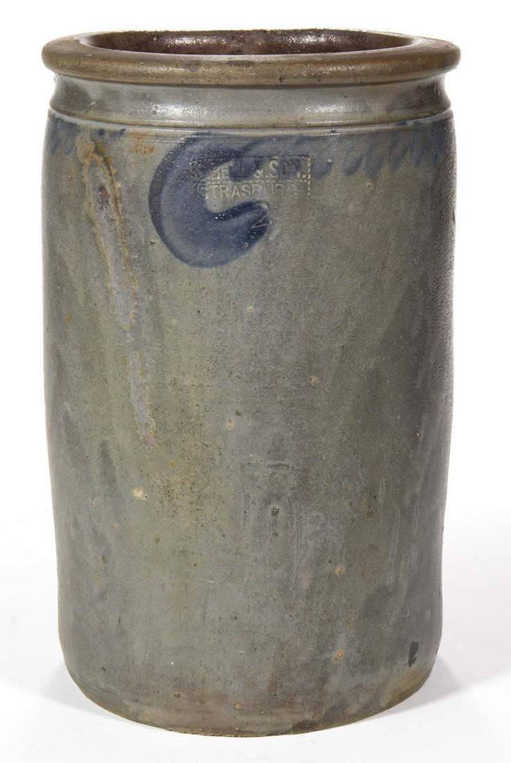 STAMPED "S. BELL & SON / STRASBURG", SHENANDOAH VALLEY: STAMPED "S. BELL & SON / STRASBURG", SHENANDOAH VALLEY OF VIRGINIA DECORATED STONEWARE JAR, salt-glazed with a light slip wash, "2" gallon capacity mark, cylindrical form with collared flat-top rim. B