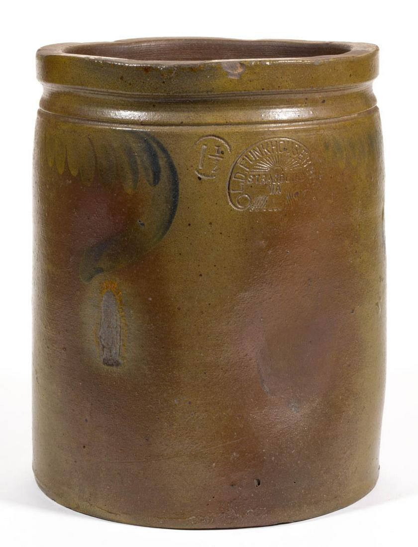 STAMPED "L.D. FUNKHOUSER & CO. / STRASBURG / VA": STAMPED "L.D. FUNKHOUSER & CO. / STRASBURG / VA" SHENANDOAH VALLEY OF VIRGINIA DECORATED STONEWARE JAR, salt-glazed, "1 1/2" gallon capacity mark, cylindrical form with collared, squared rim. Brushed 