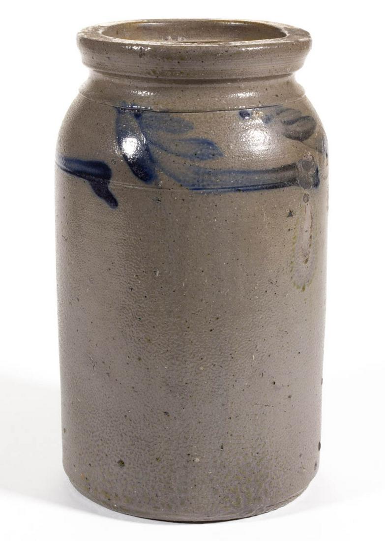 JEREMIAH KEISTER ATTRIBUTED, STRASBURG, SHENANDOAH: JEREMIAH KEISTER ATTRIBUTED, STRASBURG, SHENANDOAH VALLEY OF VIRGINIA DECORATED STONEWARE JAR, salt-glazed, "1/2" gallon capacity mark, cylindrical form with slight shoulder and collard squared rim wi