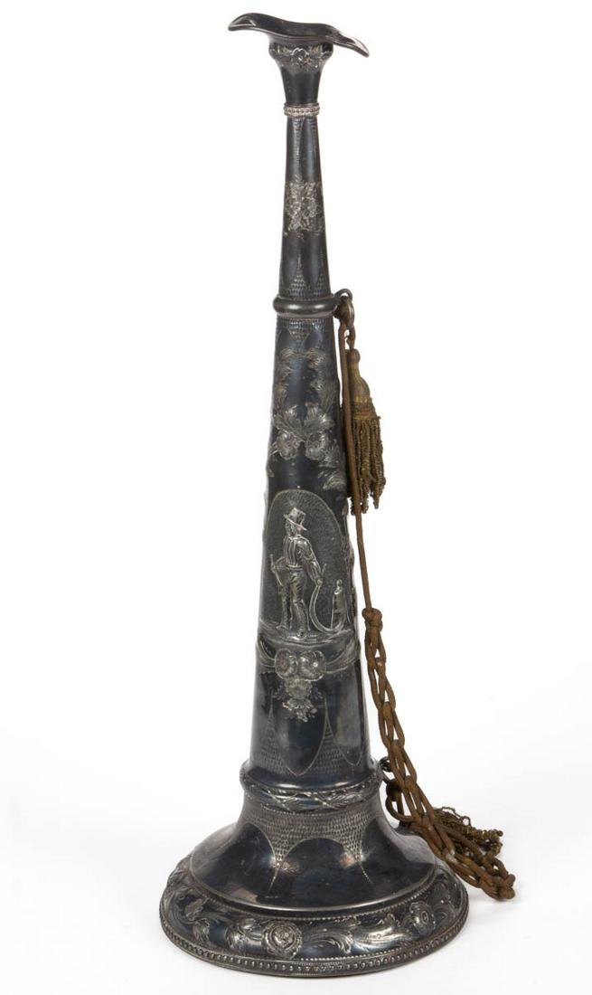HISTORICAL PHILADELPHIA FIREMAN'S SILVER-PLATED: HISTORICAL PHILADELPHIA FIREMAN'S SILVER-PLATED PRESENTATION PARADE TRUMPET, having repousse, chased, and engraved decoration, featuring a vignette of a fireman figure holding a trumpet and fire hose,