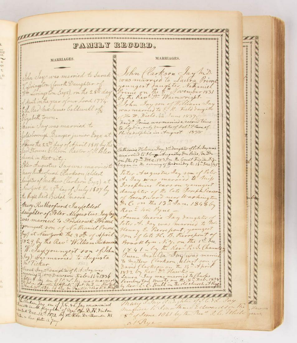 JOHN JAY (1745-1829) FAMILY BIBLE: JOHN JAY (1745-1829) FAMILY BIBLE, "The Holy Bible: Containing the Old and New Testaments...", Philadelphia: Carey and Lea, 1823, containing seven manuscript pages recording the Jay family beginning w