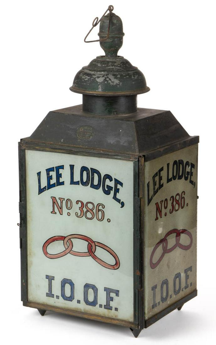 OHIO ODD FELLOWS / LODGE PAINTED TIN LANTERN: OHIO ODD FELLOWS / LODGE PAINTED TIN LANTERN, consisting of three reverse painted panes, two with "Lee Lodge No. 386 / I.O.O.F.", and "Madison Ruling No. 92 / F.M.C.", lantern retains original patent 