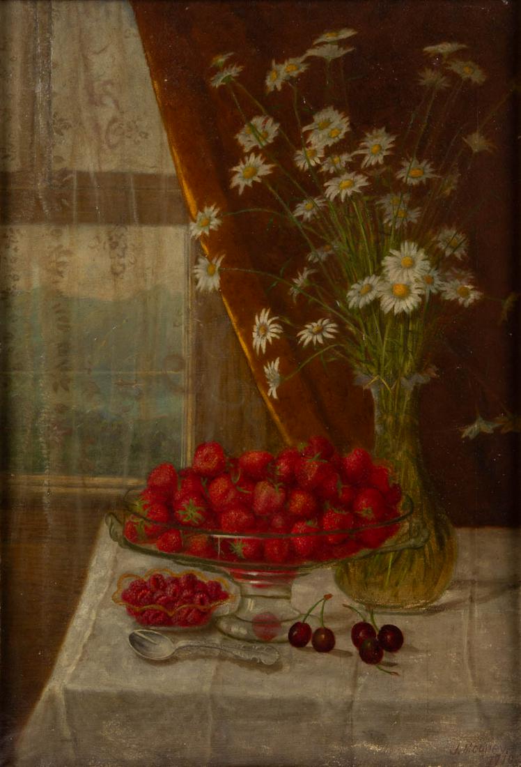 JOHN MOONEY (VIRGINIA, 1843-1918) FOLK ART STILL-LIFE: JOHN MOONEY (VIRGINIA, 1843-1918) FOLK ART STILL-LIFE PAINTING, oil on canvas, depicting berries situated in a glass compote situated by common daisies in a vase up against a window backdrop, signed a