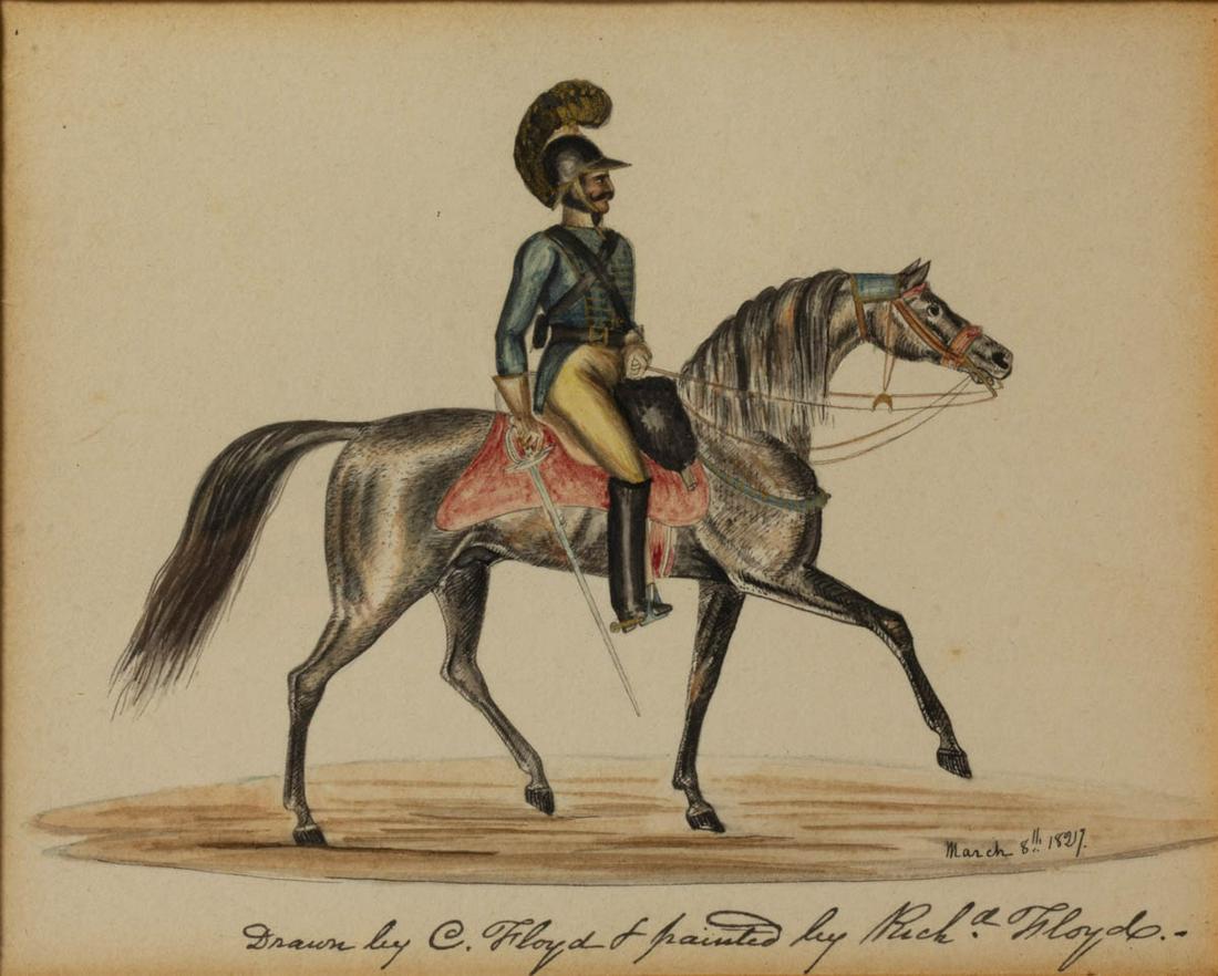 CHARLES RINALDO FLOYD (GEORGIA, 1797-1845) MILITARY: CHARLES RINALDO FLOYD (GEORGIA, 1797-1845) MILITARY DRAWING, ink and watercolor on paper with gilt highlights, depicting a United States Dragoon officer with sword on horseback, possibly a member of t