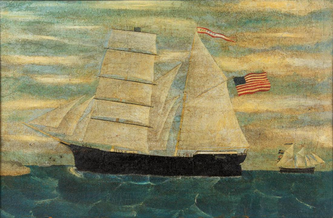 AMERICAN SCHOOL (LATE 19TH / EARLY 20TH CENTURY) FOLK: AMERICAN SCHOOL (LATE 19TH / EARLY 20TH CENTURY) FOLK ART NAUTICAL PAINTING, oil on canvas, depicting a three-mast clipper ship flying the American National flag with a guidon signed "GOODWIN", no sig