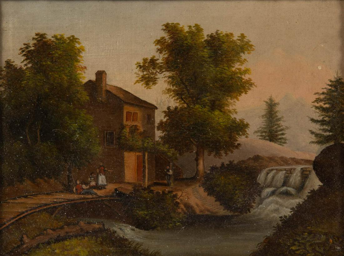AMERICAN SCHOOL (19TH CENTURY) FOLK ART NEW YORK: AMERICAN SCHOOL (19TH CENTURY) FOLK ART NEW YORK LANDSCAPE PAINTING, oil on canvas, depicting an "OLD MILL / LE ROY, N.Y.", no signature located. Housed in likely original gilt molded frame. 19th cent