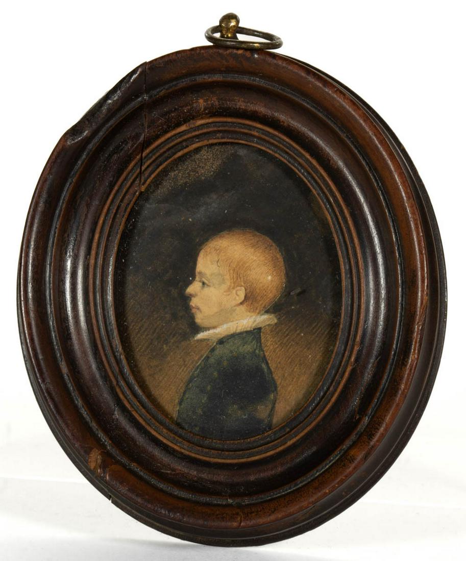 AMERICAN / BRITISH SCHOOL (19TH CENTURY) MINIATURE: AMERICAN / BRITISH SCHOOL (19TH CENTURY) MINIATURE PORTRAIT, watercolor on paper, bust depiction of a young boy with blond hair, wearing a ruffled collar and blue jacket, no signature located. Housed