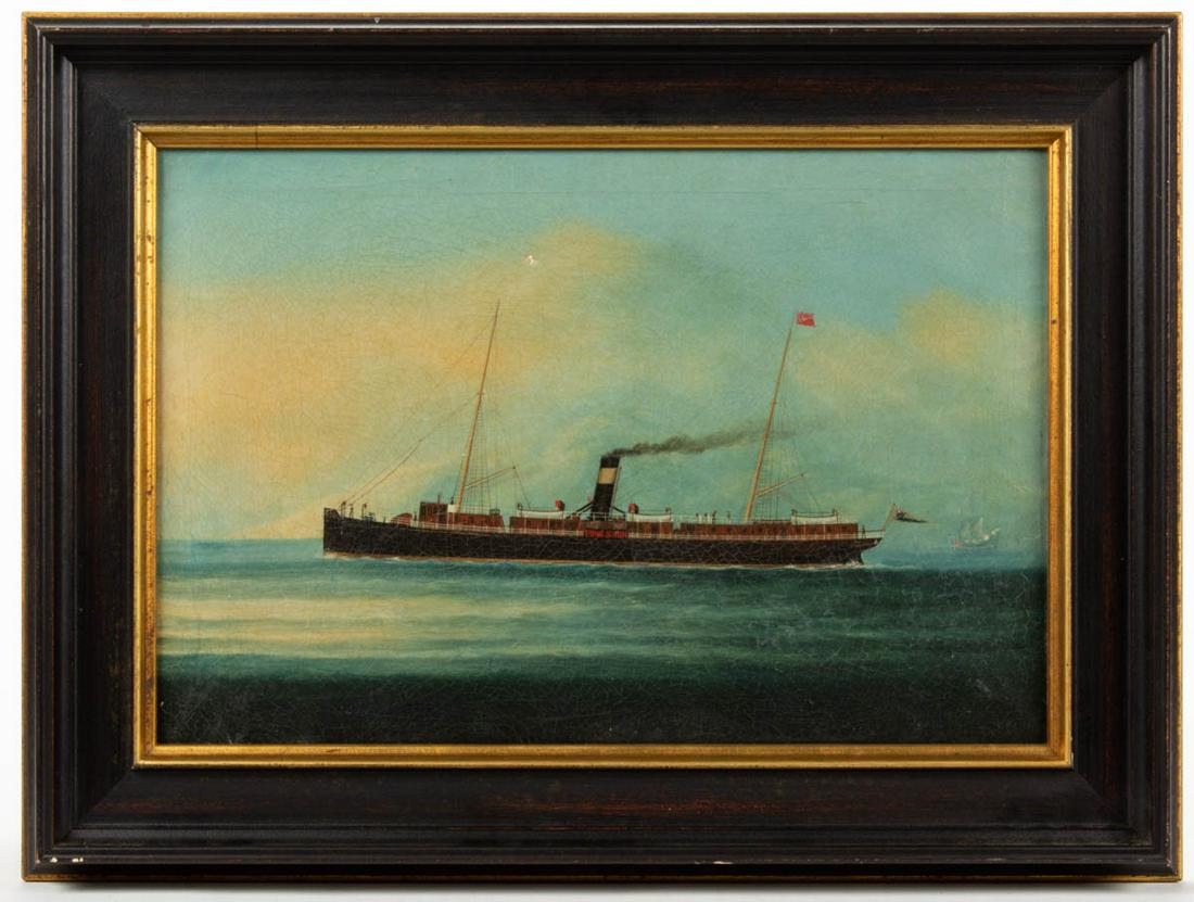 PAIR OF CHINA TRADE STEAMSHIP PAINTINGS: PAIR OF CHINA TRADE STEAMSHIP PAINTINGS, oil on canvas, including one depicting the "FUNG SHUN", each flying nautical flags. Fourth quarter 19th century. 16 1/4" x 21 1/2" sight, 10 1/2" x 16 1/4" OA.