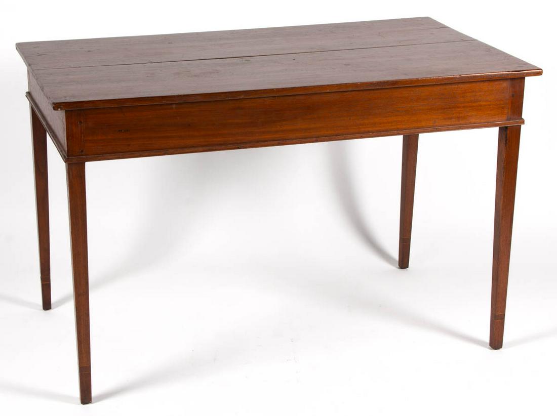 VIRGINIA OR MARYLAND FEDERAL INLAID WALNUT SERVING: VIRGINIA OR MARYLAND FEDERAL INLAID WALNUT SERVING TABLE, the rectangular top above plain apron with applied molding at lower edge, raised on square-tapered legs with banded cuffs, atypical diagonal b