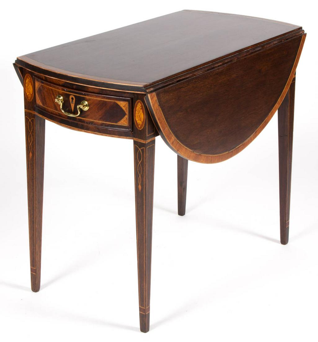 VERY RARE EASTERN NORTH CAROLINA FEDERAL INLAID: VERY RARE EASTERN NORTH CAROLINA FEDERAL INLAID MAHOGANY PEMBROKE / BREAKFAST TABLE, bowed-edge top with hinged demilune fall leaves and banded edge, conforming frame with single drawer to one end, fa