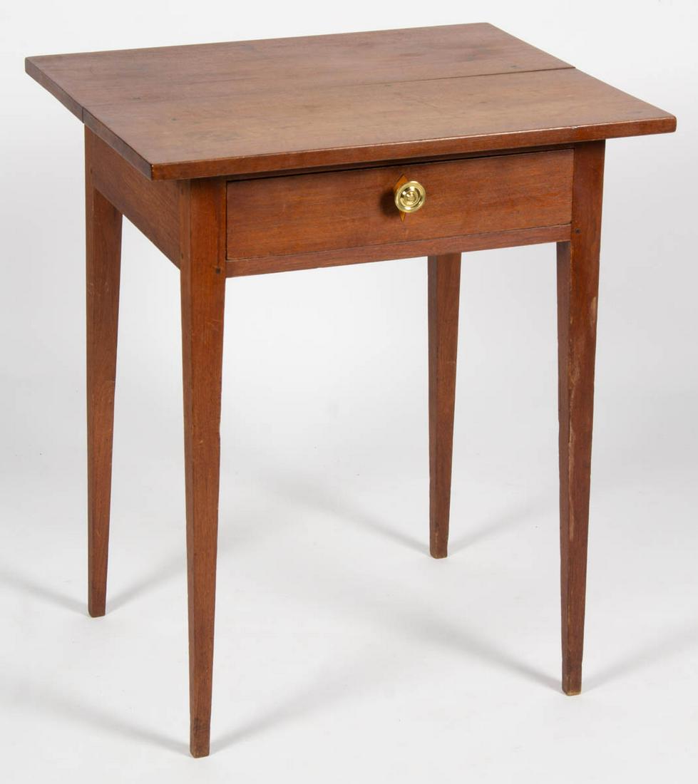 VIRGINIA FEDERAL WALNUT STAND TABLE: VIRGINIA FEDERAL WALNUT STAND TABLE, two-board rectangular top with generous overhang, above a single drawer, raised on slender square-tapered legs. Poplar and yellow pine secondary woods, new brass k