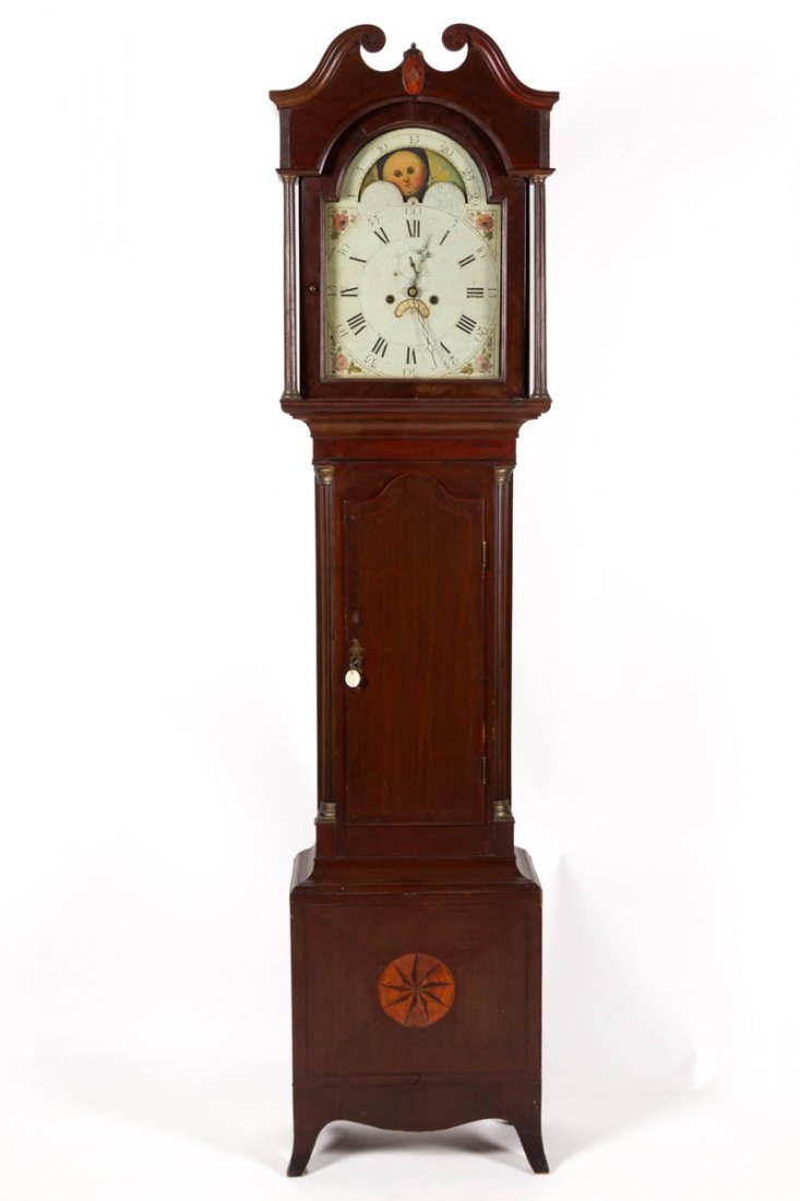 NEW ENGLAND INLAID MAHOGANY TALL-CASE CLOCK: NEW ENGLAND INLAID MAHOGANY TALL-CASE CLOCK, 8-day brass works, stamped "WILSON BIRMm" on back of dial, painted moon phase dial with second hands dial and calendar ring, hood displaying a broken-arch 