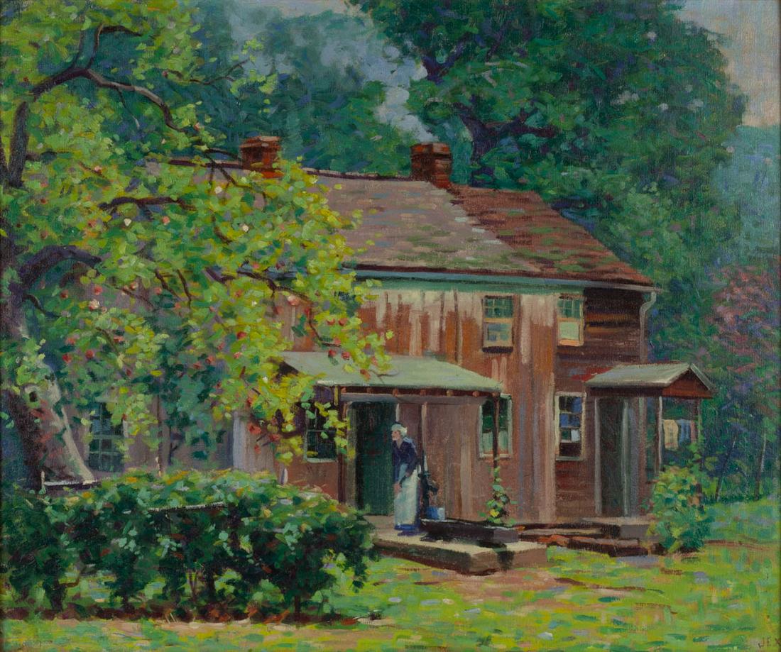 GARNET WOLESEY JEX (VIRGINIA / DC, 1895-1979) VIRGINIA: GARNET WOLESEY JEX (VIRGINIA / DC, 1895-1979) VIRGINIA / WEST VIRGINIA LANDSCAPE PAINTING, acrylic/oil on academy board, depicting a vernacular cabin with two porches among trees, a woman standing at 