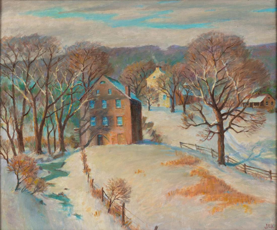 GARNET WOLESEY JEX (VIRGINIA / DC, 1895-1979) VIRGINIA: GARNET WOLESEY JEX (VIRGINIA / DC, 1895-1979) VIRGINIA / WEST VIRGINIA LANDSCAPE PAINTING, acrylic/oil on academy board, titled "Old Mill in Winter" on verso, also inscribed "Garnet Jex / Arts Club, W