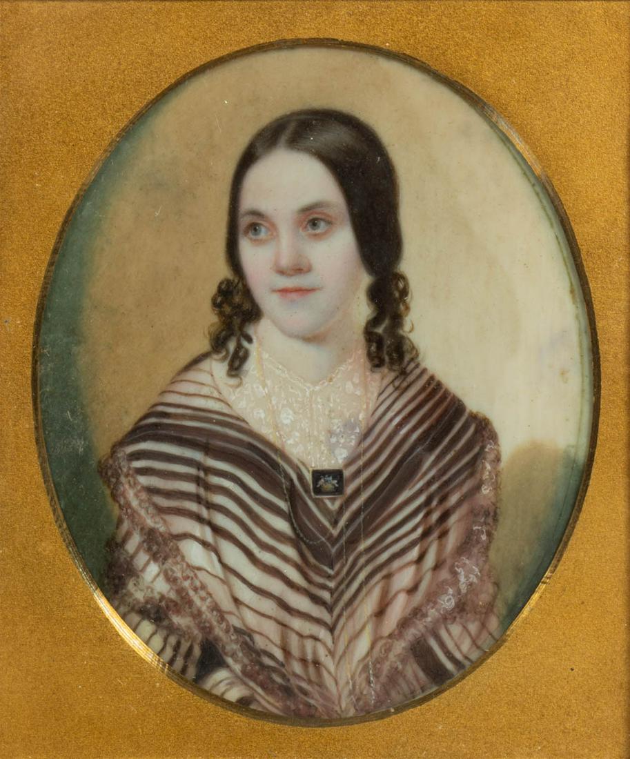 EDWARD SAMUEL DODGE (1815-1857, NEW YORK / VIRGINIA /: EDWARD SAMUEL DODGE (1815-1857, NEW YORK / VIRGINIA / GEORGIA) ATTRIBUTED MINIATURE PORTRAIT, watercolor, bust-length depiction of a young woman with cascading curls, wearing a shawl and matching dres