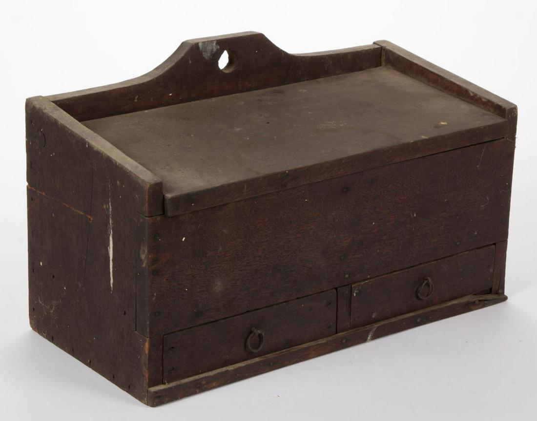 SHENANDOAH VALLEY OF VIRGINIA WALNUT HANGING SPICE BOX: SHENANDOAH VALLEY OF VIRGINIA WALNUT HANGING SPICE BOX, nailed construction, rectangular case having a low cut-out back with central hanging hole, slightly slanted lid concealing a two-compartment int