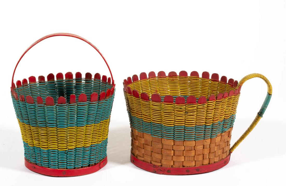 SHENANDOAH VALLEY OF VIRGINIA, FOLK ART PAINTED: SHENANDOAH VALLEY OF VIRGINIA, FOLK ART PAINTED STAVE-TYPE DIMINUTIVE BASKETS, LOT OF TWO, each of circular form with white oak popsicle-style staves extending above the rim, one with side handle and 