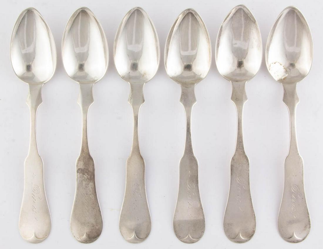 CINCINNATI, OHIO COIN SILVER TEASPOONS, SET OF SIX: CINCINNATI, OHIO COIN SILVER TEASPOONS, SET OF SIX, each having a pointed oval bowl on a forward-tipped fiddle handle with pointed shoulders and engraved "Davis" to front. Each with "DUHME & CO." make