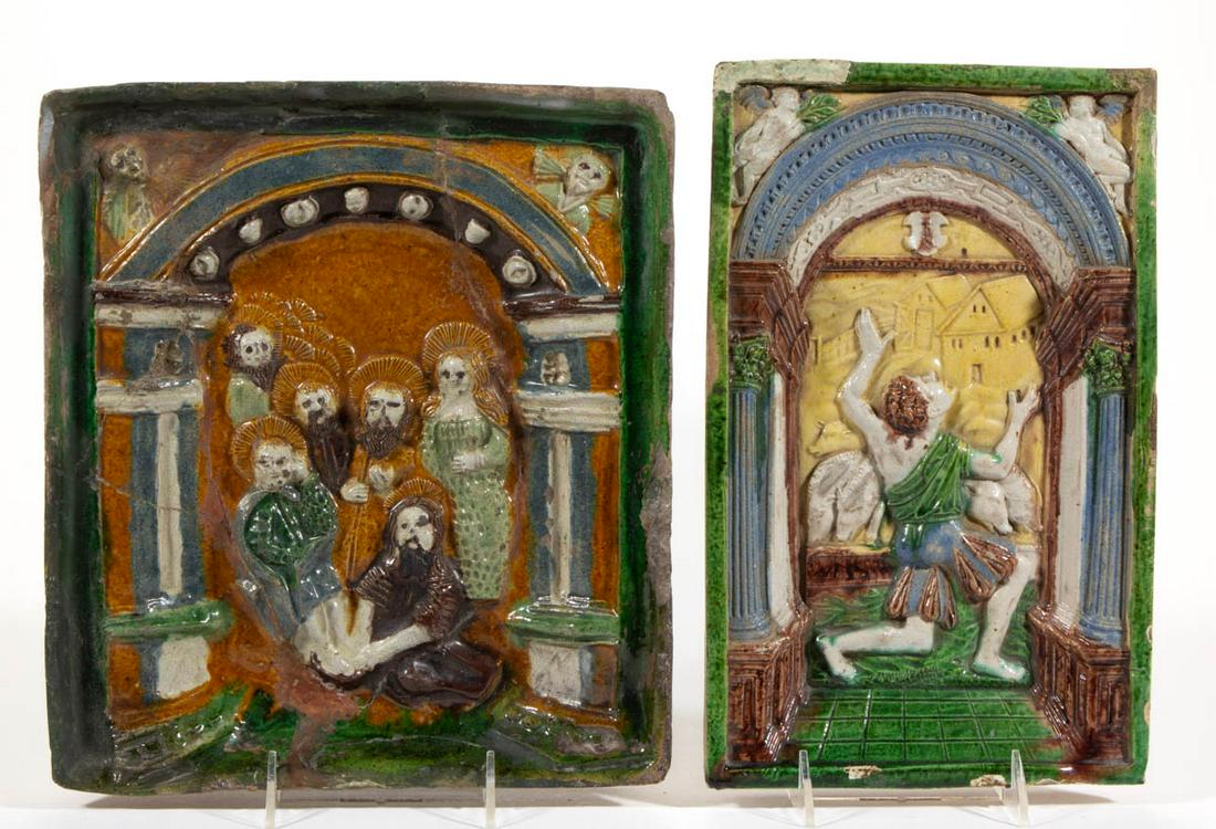 GERMANY REGION RELIGIOUS MOTIF EARTHENWARE STOVE TILES: GERMANY REGION RELIGIOUS MOTIF EARTHENWARE STOVE TILES, each of rectangular form depicting relief figures under arches with polychrome enamel decorations, comprising one example featuring the Prodigal