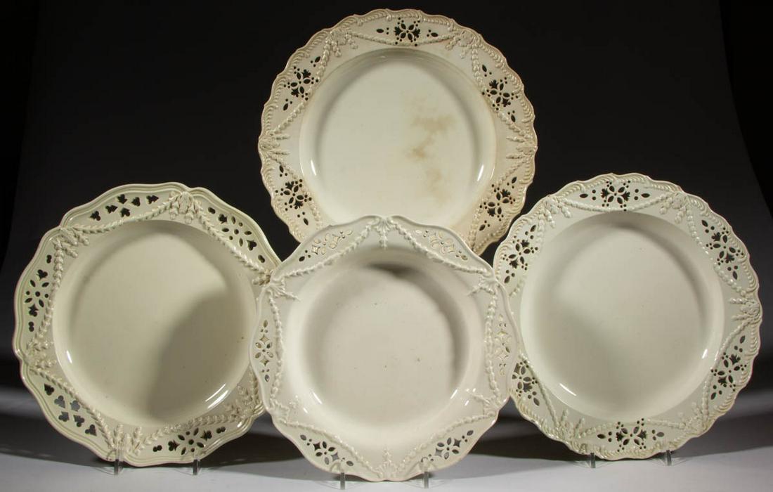 ENGLISH CREAMWARE CERAMIC RETICULATED PLATES, LOT OF: ENGLISH CREAMWARE CERAMIC RETICULATED PLATES, LOT OF THREE, each having relief husk festoon/swag decoration, comprising two with feather edge and one with Queen's edge. Together with an 8 5/8" D circu