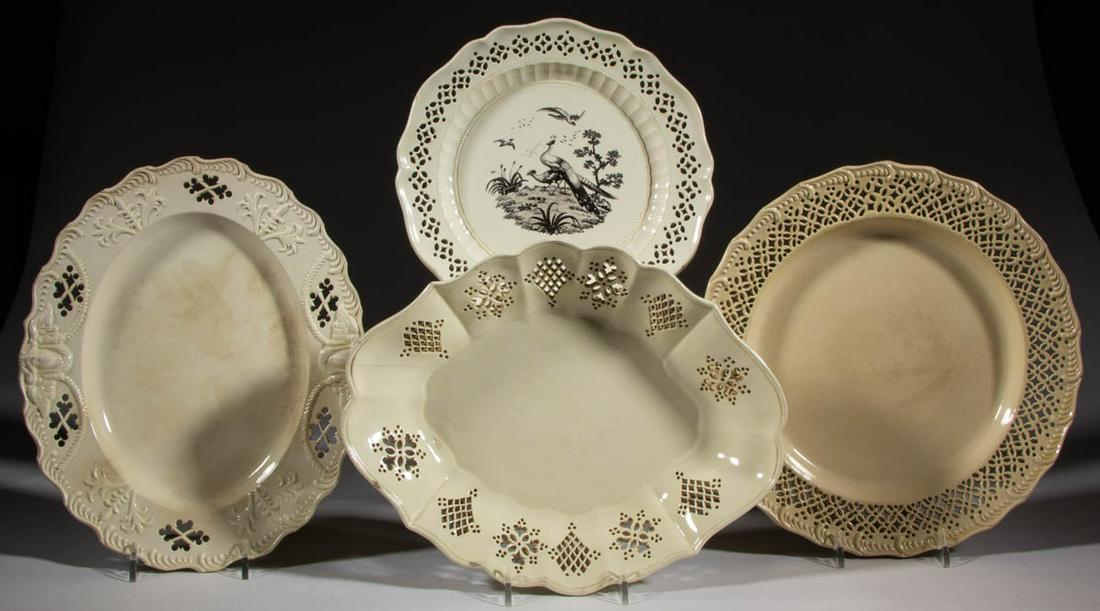 ENGLISH CREAMWARE CERAMIC RETICULATED TABLE ARTICLES,: ENGLISH CREAMWARE CERAMIC RETICULATED TABLE ARTICLES, LOT OF FOUR, comprising two plates including one featuring black Liverpool Birds transfer and one 9 1/2" D example having molded feather edge, an