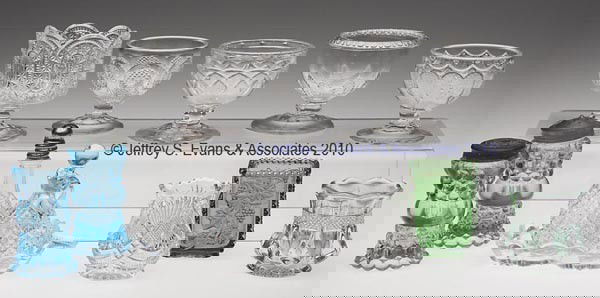 VARIOUS EAPG TABLE ARTICLES, LOT OF 14: VARIOUS EAPG TABLE ARTICLES, LOT OF 14, colorless and others, including a green stained Banded Portland toothpick holder, a pair of blue Thousand Eye shakers with period non-matching lids, and a four-