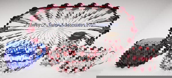 BROKEN COLUMN - RUBY STAINED TABLE ARTICLES, LOT O: BROKEN COLUMN - RUBY STAINED TABLE ARTICLES, LOT OF FOUR, colorless, consisting of a celery tray, custard cup, salt shaker with period lid, and sauce dish. Together with a cobalt blue custard cup. Fiv