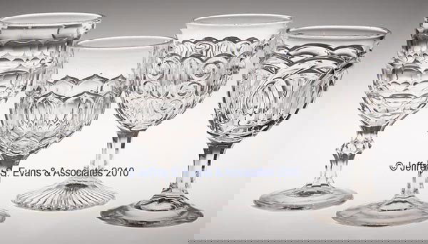 VARIOUS EAPG GOBLETS, LOT OF FOUR: VARIOUS EAPG GOBLETS, LOT OF FOUR, colorless flint, consisting of Argus - Facetted Knop Stem, Brilliant, Oval Mitre, and Wedding Ring. 5 7/8" to 6 3/8" h. Prov. CatNotes.: Provenance: Collection of La