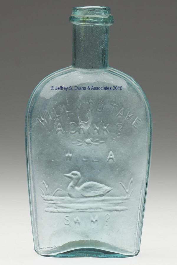 GXIII-30 DUCK PICTORIAL FLASK: GXIII-30 DUCK PICTORIAL FLASK, aquamarine, half pint, embossed "WILL YOU TAKE / A DRINK? / (ornament) / WILL A / (duck figure) / SWIM?", plain mouth with an applied ring below, smooth base with concav