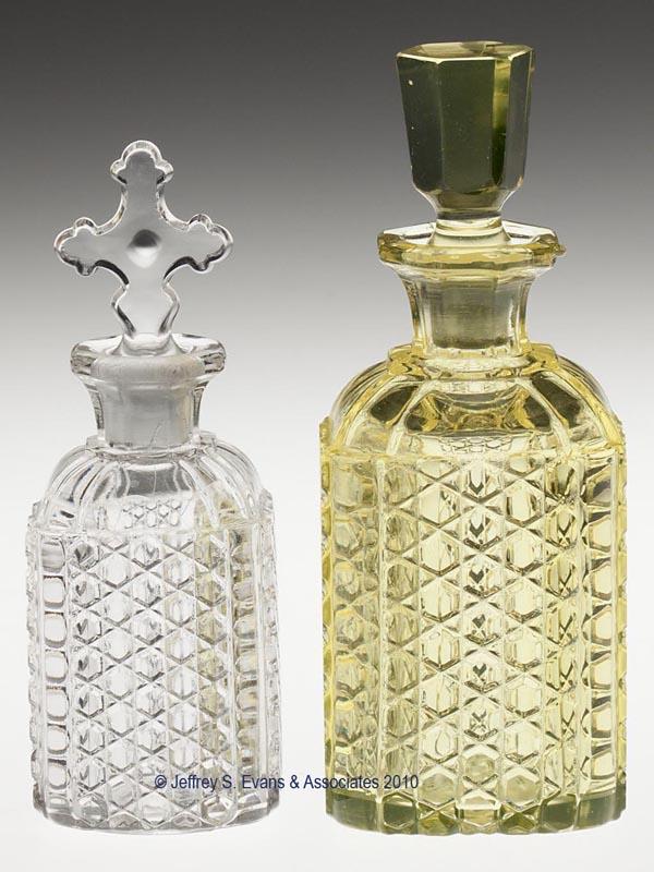 TWO PRESSED PANELED CANE COLOGNE BOTTLES: TWO PRESSED PANELED CANE COLOGNE BOTTLES, colorless and canary yellow, small and medium sizes, each of square form with rounded corners, paneled shoulder, octagonal neck and mouth, and factory polishe