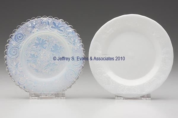 LEE/ROSE NO. 90-V-1 AND 272 CUP PLATES, LOT OF TWO: LEE/ROSE NO. 90-V-1 AND 272 CUP PLATES, LOT OF TWO, opaque white and opalescent, L/R 90-V-1 with a partial rope rim and double cavetto impression causing an off-center rosette. Rare or very rare. L/R 