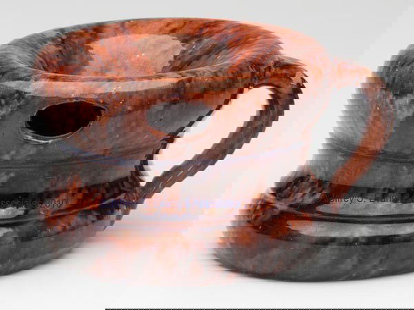 SIGNED "JOHN BELL / WAYNESBORO" PA EARTHENWARE HAND: SIGNED "JOHN BELL / WAYNESBORO" PA EARTHENWARE HAND-HELD SPITTOON lead and manganese mottled glazes, waisted circular form with a small oval drain hole and strap handle, stamped under the base. 1840-1