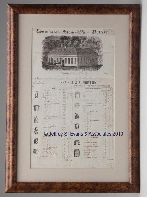 J. & E. NORTON, BENNINGTON, VT STONEWARE ORDER / PR: J. & E. NORTON, BENNINGTON, VT STONEWARE ORDER / PRICE LIST printed sheet with ink and pencil inscriptions, top featuring a depiction of the factory below "Bennington Stone-Ware Pottery", lower half w
