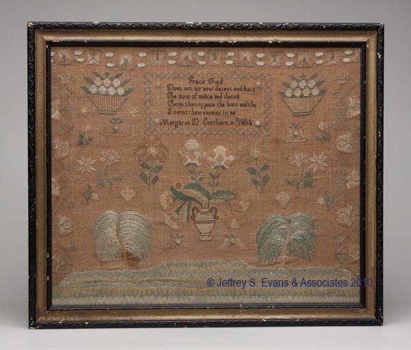 MARGARET D. EVERHART, PENNSYLVANIA NEEDLEWORK PICT: MARGARET D. EVERHART, PENNSYLVANIA NEEDLEWORK PICTORIAL SAMPLER silk on linen, four-line verse titled "Grace Tried" above "Margaret D. Everhart's Work," surrounded by fruit baskets, a flower urn, flow
