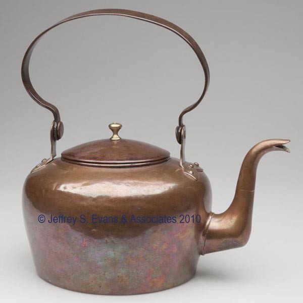 SIGNED BENJAMIN HARBESON (1728-1809), PHILADELPHIA: SIGNED BENJAMIN HARBESON (1728-1809), PHILADELPHIA, PA COPPER TEA KETTLE dovetailed construction and gooseneck-form spout, swing handle, and cover with brass finial. Slightly arched mark under the han