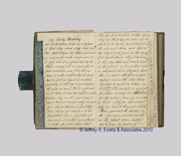 BRITISH AND AMERICAN POTTER'S MANUSCRIPT RECIPE BO: BRITISH AND AMERICAN POTTER'S MANUSCRIPT RECIPE BOOK inscribed "William Tams, His Book, August the 24, 1850" inside front cover, approximately 90 pages containing ink and pencil inscriptions comprisin