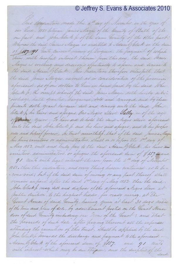BATH CO., VA SLAVE BILL OF SALE MANUSCRIPT: BATH CO., VA SLAVE BILL OF SALE MANUSCRIPT two-sided single sheet, dated November 4, 1851, "……… the sum of $157.91 cents current money of Virginia…….." for "One Negro Slave Sally - of the ag