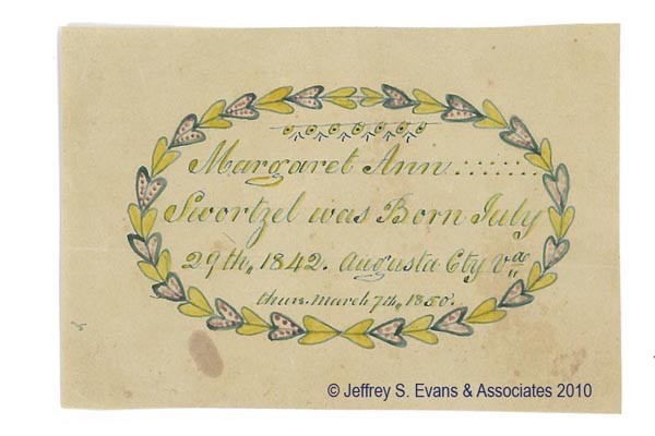 AUGUSTA CO., VA FRAKTUR DRAWING / REWARD OF MERIT: AUGUSTA CO., VA FRAKTUR DRAWING / REWARD OF MERIT watercolor and ink on paper, "Margaret Ann / Swortzel was Born July / 29th, 1842. Augusta Cty Va / thurs. march 7th, 1850." within a heart-vine border