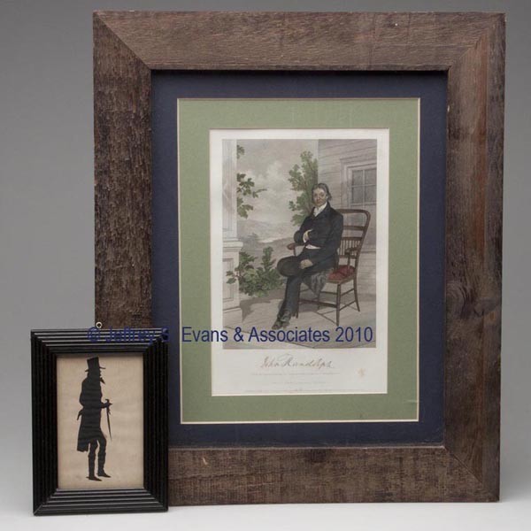 TWO JOHN RANDOLPH OF ROANOKE, VA IMAGES: TWO JOHN RANDOLPH OF ROANOKE, VA IMAGES comprising a hollow-cut full-length silhouette with fabric backing, after the 1846 original by William Brown, and a hand-colored steel engraving by Johnson, Fry