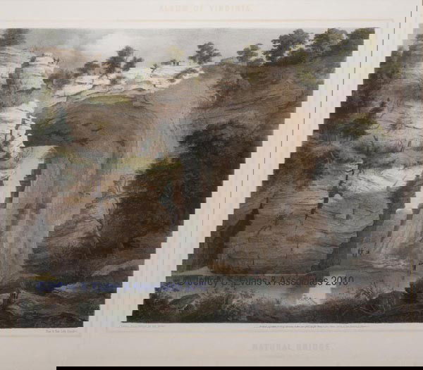 EDWARD BEYER (1820-1865) "ALBUM OF VIRGINIA" LITHO: EDWARD BEYER (1820-1865) "ALBUM OF VIRGINIA" LITHOGRAPH on paper, titled "NATURAL BRIDGE / ROCKBRIDGE Co. Va.", 1857. Contemporary frame and mat. Third quarter 19th century. 15 3/4" x 18" sight. Prove