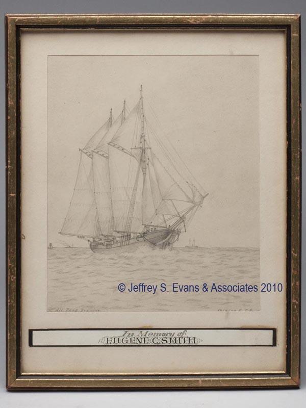 EUGENE C. SMITH (AMERICAN, XX) MARINE DRAWING: EUGENE C. SMITH (AMERICAN, XX) MARINE DRAWING pencil on paper, titled "All Rags Drawing", signed "12/6/29 E. C. Smith" lower right. Framed. Second quarter 20th century. 8 1/2" x 6 1/2" sight. Provenan