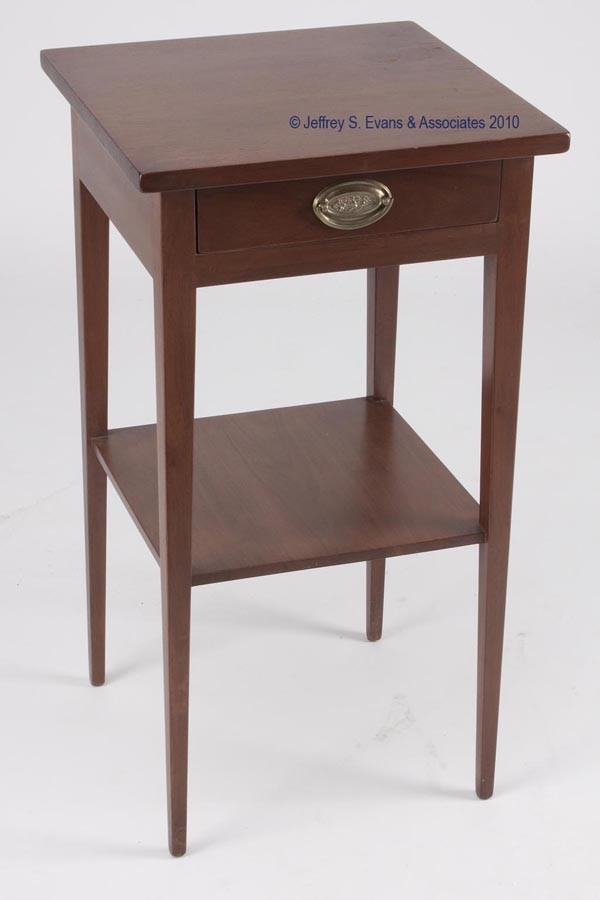 VIRGINIA CRAFTSMEN FEDERAL STYLE MAHOGANY NIGHTSTA: VIRGINIA CRAFTSMEN FEDERAL STYLE MAHOGANY NIGHTSTAND single upper drawer, lower shelf, and square tapered legs. Virginia Craftsmen, Inc., Harrisonburg, VA. Mid 20th century. 29" H, 16" x 16". Provenan