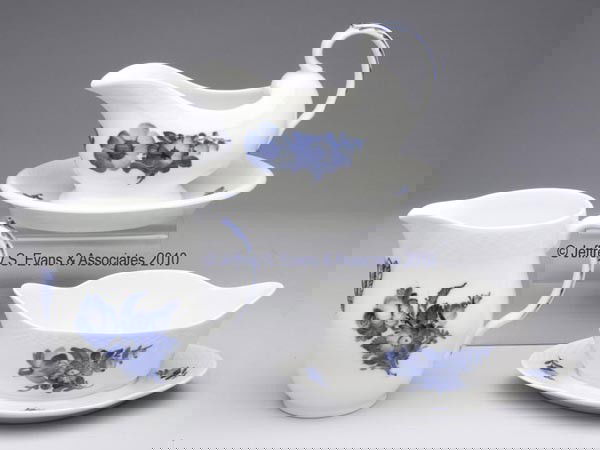 ROYAL COPENHAGEN BLUE FLOWER - BRAIDED SERVING ART: ROYAL COPENHAGEN BLUE FLOWER - BRAIDED SERVING ARTICLES, LOT OF THREE comprising a gravy boat and sauce boat, each with attached undertray, and a three-cup pitcher, green under glaze mark with crown a