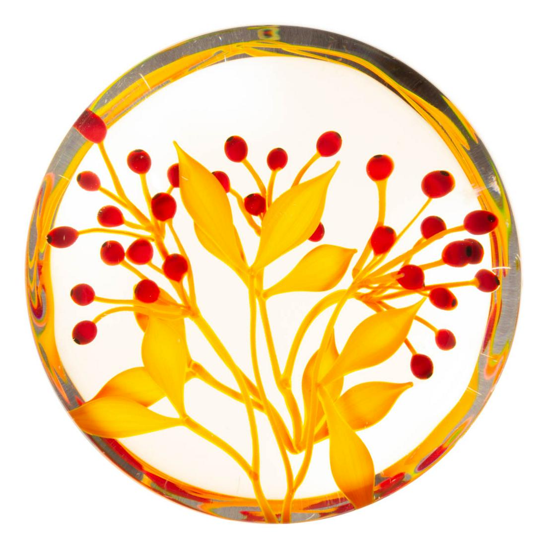 PAUL STANKARD (AMERICAN, B. 1943) BERRIES LAMPWORK: PAUL STANKARD (AMERICAN, B. 1943) BERRIES LAMPWORK STUDIO ART GLASS PAPERWEIGHT, having many orange and yellow stems and leaves supporting many red berries, signature cane to the side, numbered "66/75