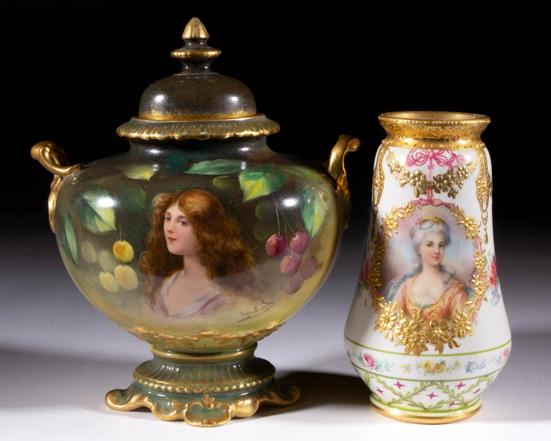 GERMAN ROYAL BONN PORTRAIT CERAMIC ARTICLES, LOT OF TWO: GERMAN ROYAL BONN PORTRAIT CERAMIC ARTICLES, LOT OF TWO, comprising a vase featuring a polychrome transfer of an elegant grey-haired woman, having raised gilt floral decorations and swags, and a foote