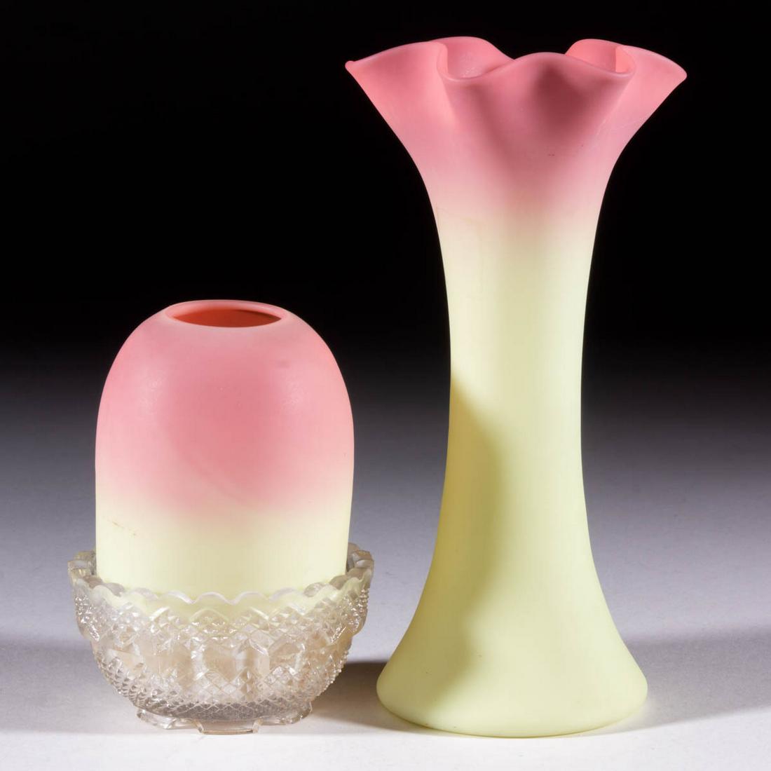 WEBB ATTRIBUTED BURMESE GLASS ARTICLES, LOT OF TWO: WEBB ATTRIBUTED BURMESE GLASS ARTICLES, LOT OF TWO, plush, comprising a waisted Base with a lobed rim, and a pyramid-size fairy lamp fitted into a colorless cup. Thomas Webb & Sons. Fourth quarter 19t