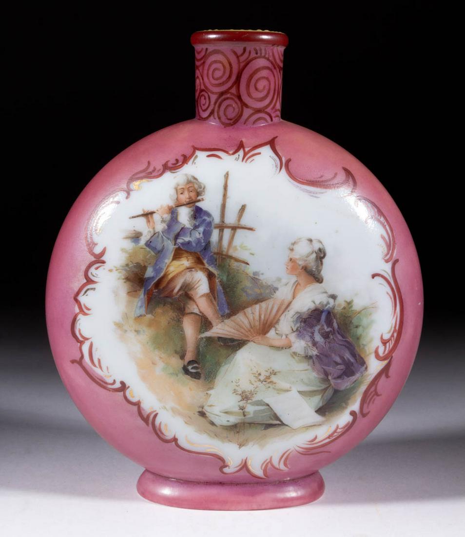 DECORATED OPAL GLASS VASE: DECORATED OPAL GLASS VASE, opaque white with a fuchsia ground and polychrome-enamel decoration, compressed spherical form depicting a Victorian man playing the flute while a woman holding a fan listen